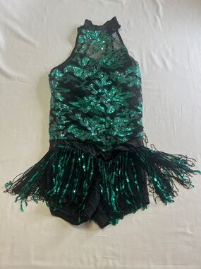 Weissman Black and Emerald Sequin Fringe Dance Costume